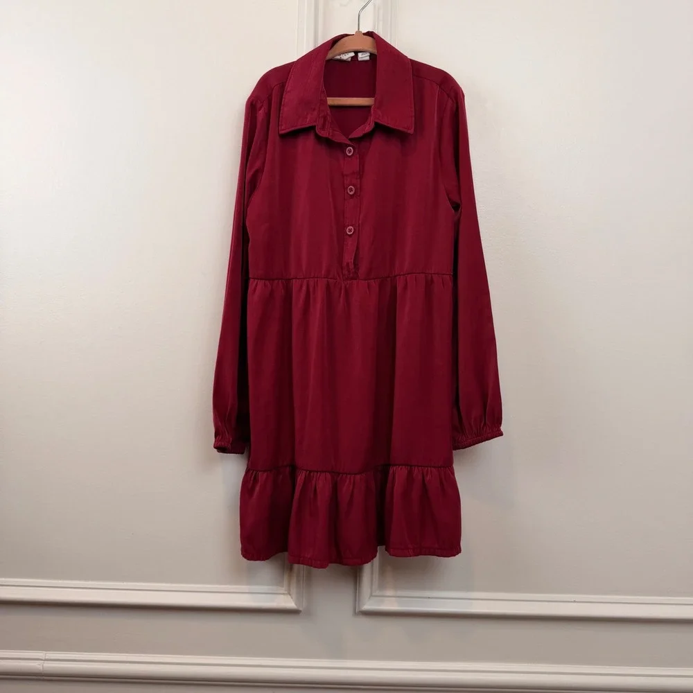 Gap Kids Girls Burgundy Long Sleeve Tiered Button Front Dress Size S 6-7